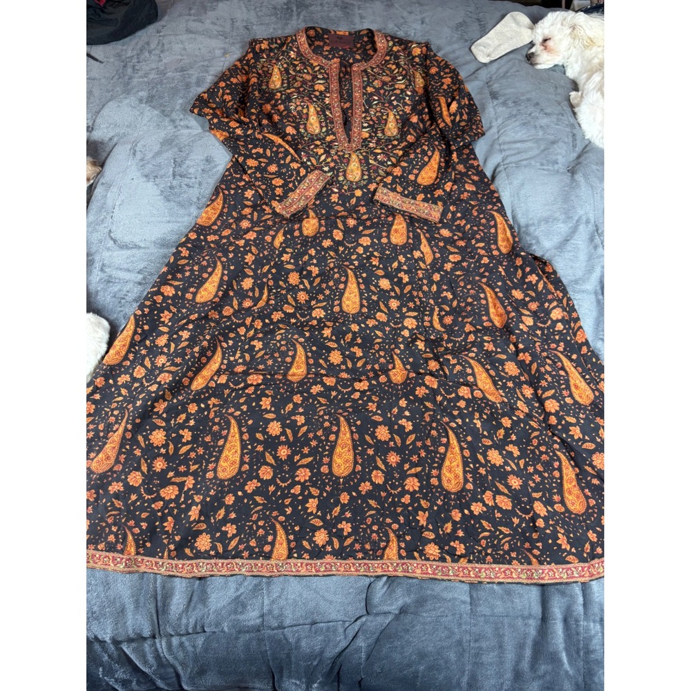 Ritu Karabagh Womens Black Orange Paisley Embroidered Long‎ Sleeve Midi Dress M